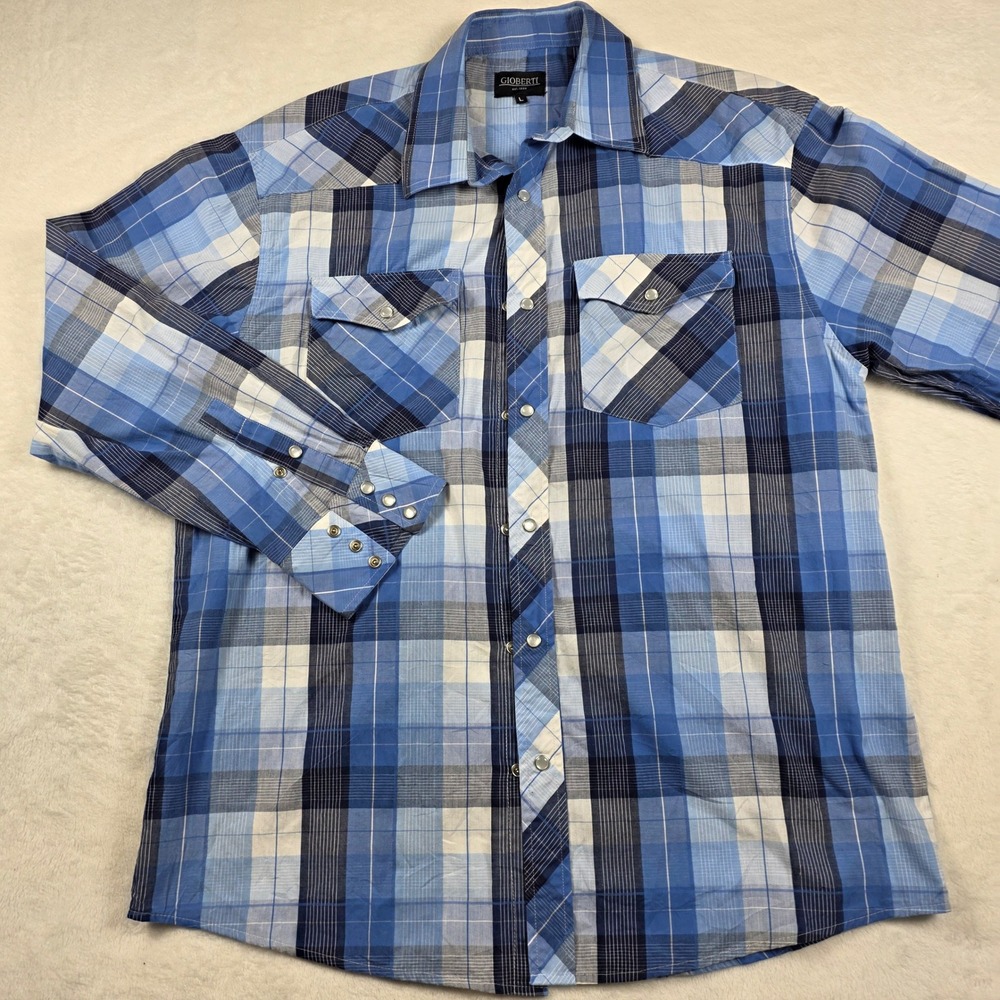 Gioberti‎ Western Snap Shirt Mens Large Blue Plaid Excellent Pearl Snap Pockets